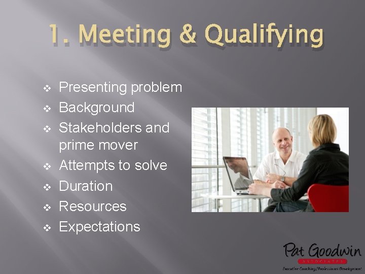 1. Meeting & Qualifying v v v v Presenting problem Background Stakeholders and prime