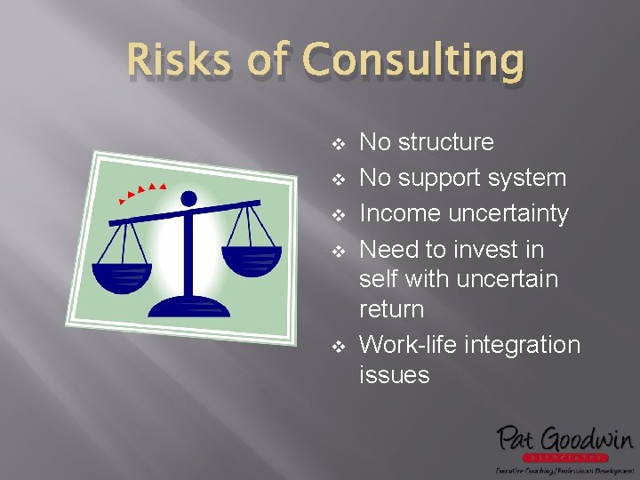 Risks of Consulting v v v No structure No support system Income uncertainty Need
