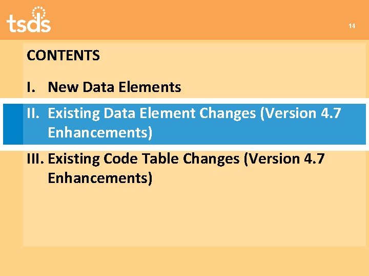 14 CONTENTS I. New Data Elements II. Existing Data Element Changes (Version 4. 7