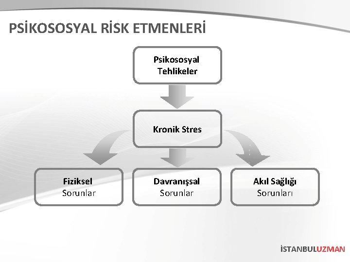 PSİKOSOSYAL RİSK ETMENLERİ Psikososyal Tehlikeler Kronik Stres Fiziksel Sorunlar Davranışsal Sorunlar Akıl Sağlığı Sorunları