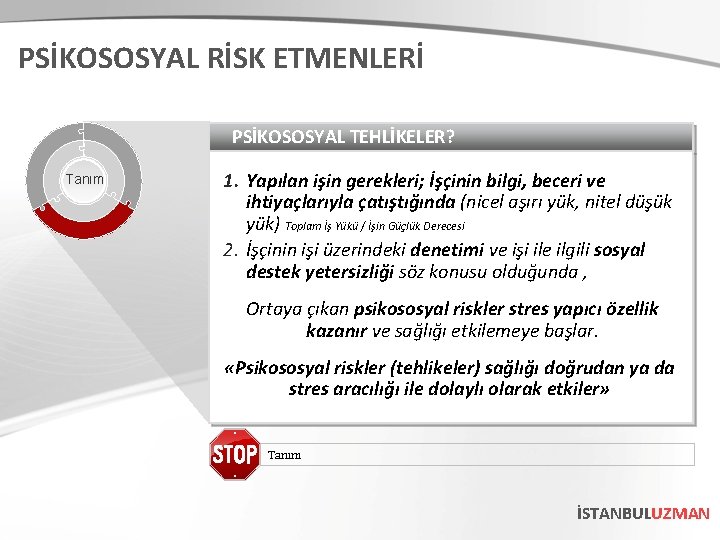 PSİKOSOSYAL RİSK ETMENLERİ PSİKOSOSYAL TEHLİKELER? Tanım 1. Yapılan işin gerekleri; İşçinin bilgi, beceri ve