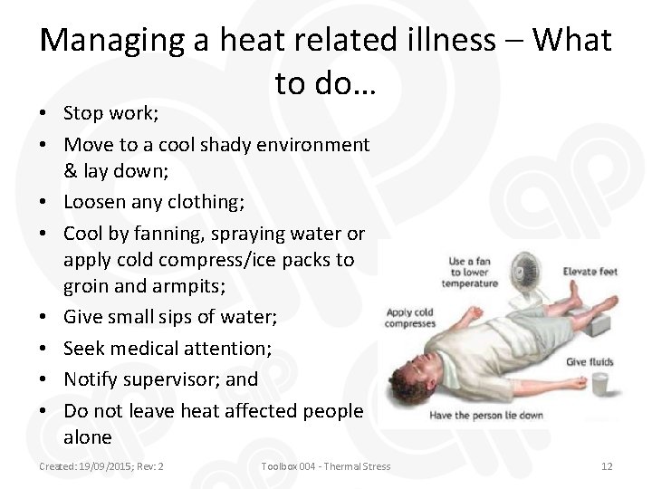 Managing a heat related illness – What to do… • Stop work; • Move