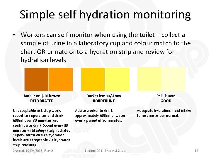 Simple self hydration monitoring • Workers can self monitor when using the toilet –