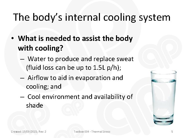 The body’s internal cooling system • What is needed to assist the body with