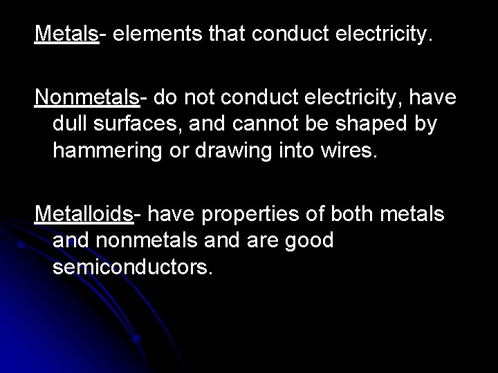 Metals- elements that conduct electricity. Nonmetals- do not conduct electricity, have dull surfaces, and