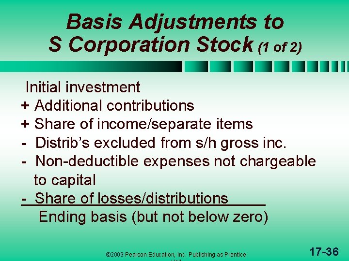 Basis Adjustments to S Corporation Stock (1 of 2) Initial investment + Additional contributions