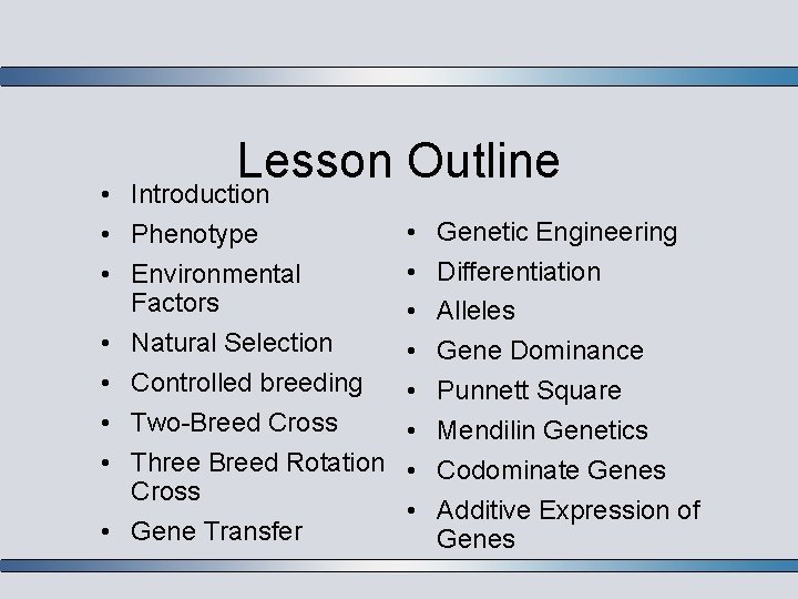 Lesson Outline • Introduction • Phenotype • Environmental Factors • Natural Selection • Controlled