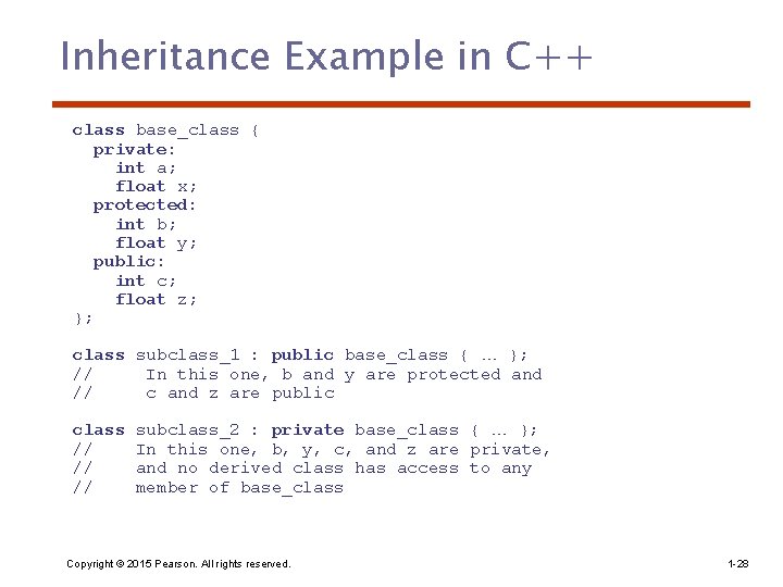 Inheritance Example in C++ class base_class { private: int a; float x; protected: int