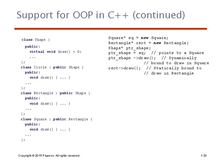 Support for OOP in C++ (continued) class Shape { public: virtual void draw() =
