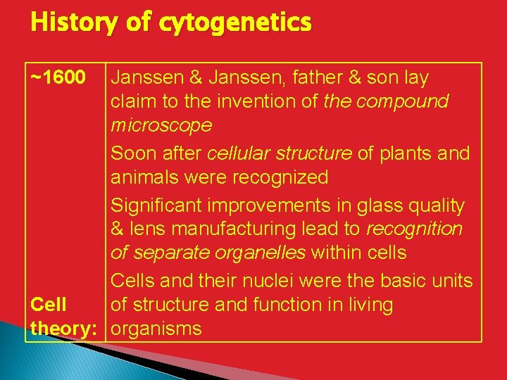 History of cytogenetics ~1600 Janssen & Janssen, father & son lay claim to the