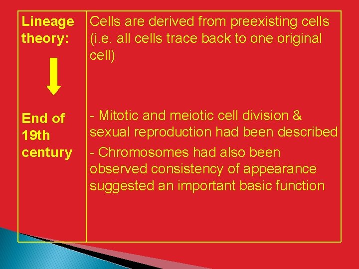 Lineage theory: Cells are derived from preexisting cells (i. e. all cells trace back