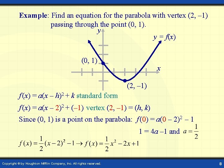 Example: Find an equation for the parabola with vertex (2, – 1) passing through