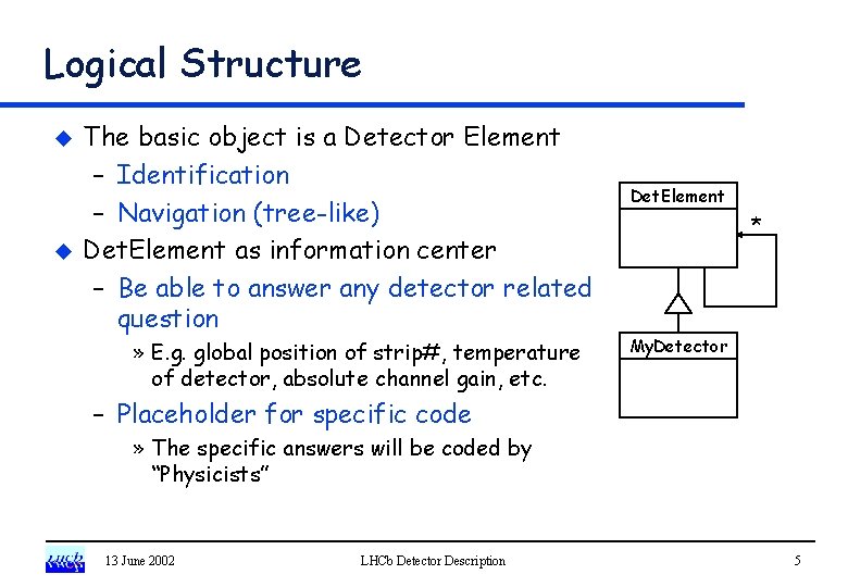 Logical Structure u u The basic object is a Detector Element – Identification –