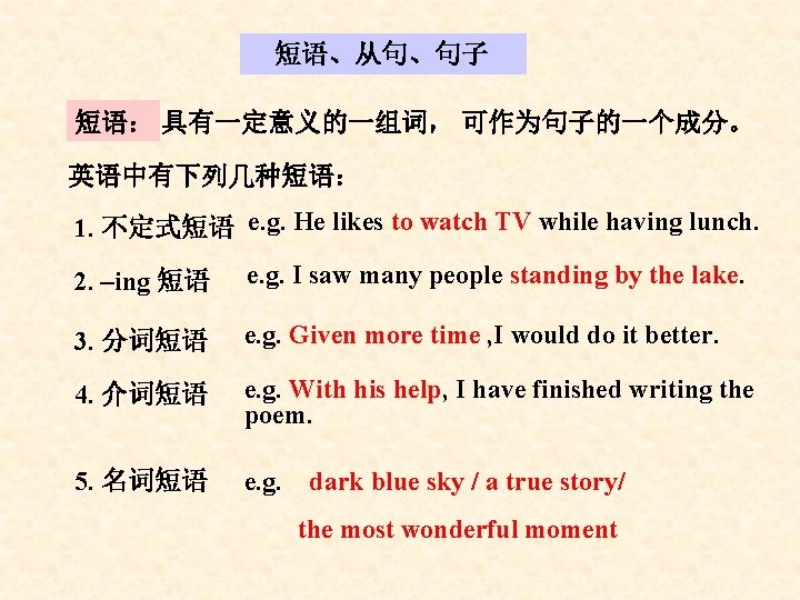 短语、从句、句子 短语: 具有一定意义的一组词, 可作为句子的一个成分。 英语中有下列几种短语: 1. 不定式短语 e. g. He likes to watch TV 短语、从句、句子 短语: 具有一定意义的一组词, 可作为句子的一个成分。 英语中有下列几种短语: 1. 不定式短语 e. g. He likes to watch TV