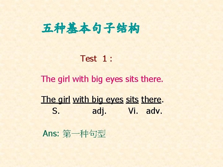 五种基本句子结构 Test 1 : The girl with big eyes sits there. S. adj. Vi.
