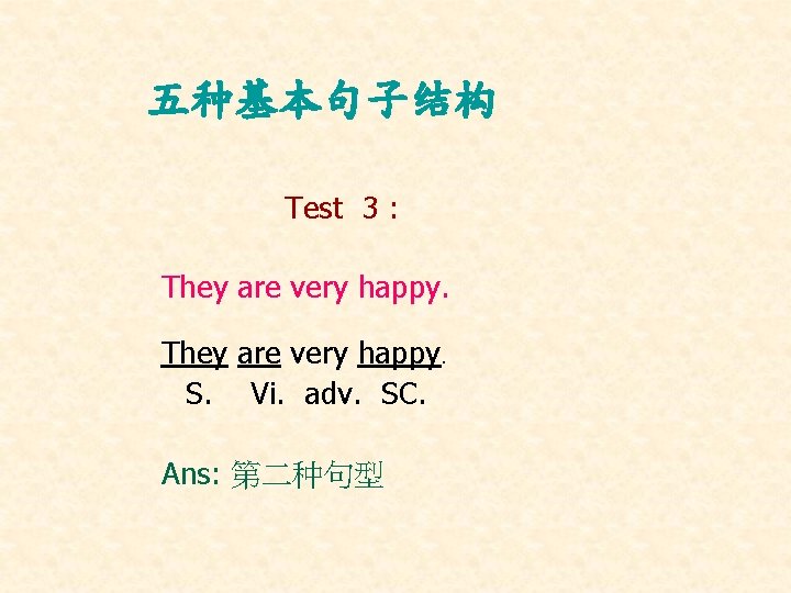 五种基本句子结构 Test 3 : They are very happy. S. Vi. adv. SC. Ans: 第二种句型