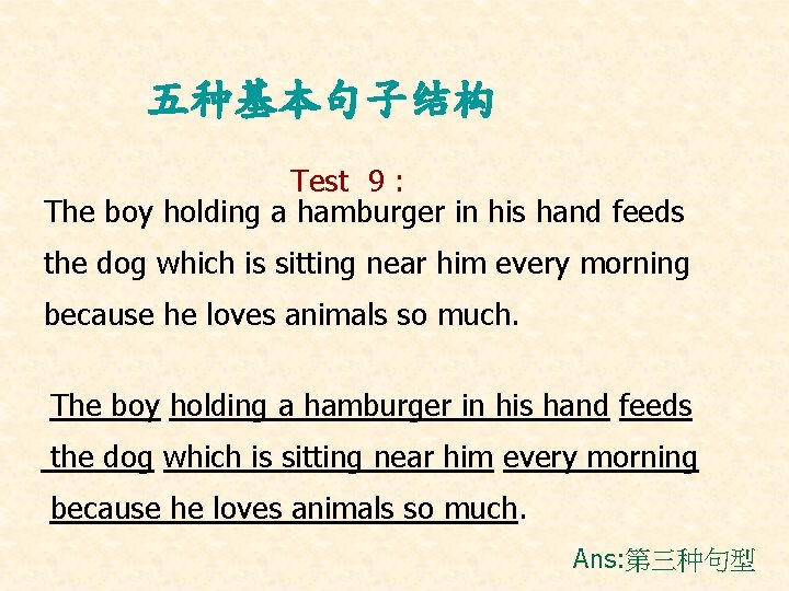 五种基本句子结构 Test 9 : The boy holding a hamburger in his hand feeds the