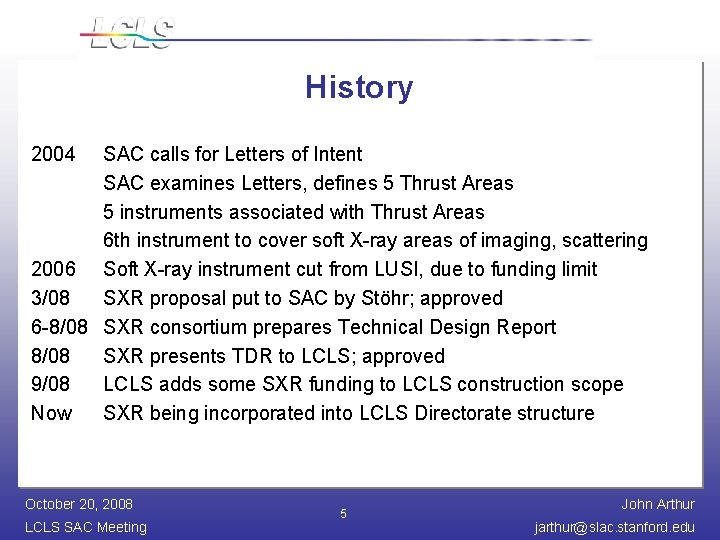 History 2004 SAC calls for Letters of Intent SAC examines Letters, defines 5 Thrust
