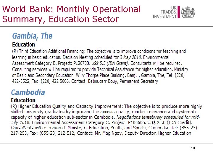 World Bank: Monthly Operational Summary, Education Sector 10 