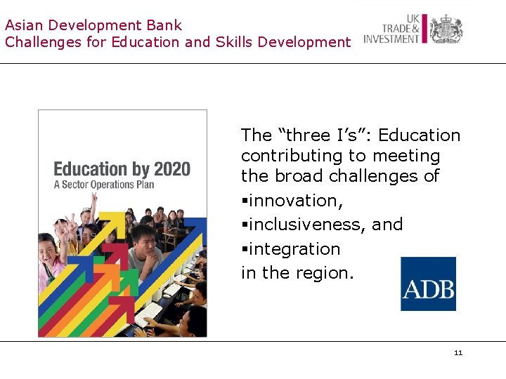 Asian Development Bank Challenges for Education and Skills Development The “three I’s”: Education contributing