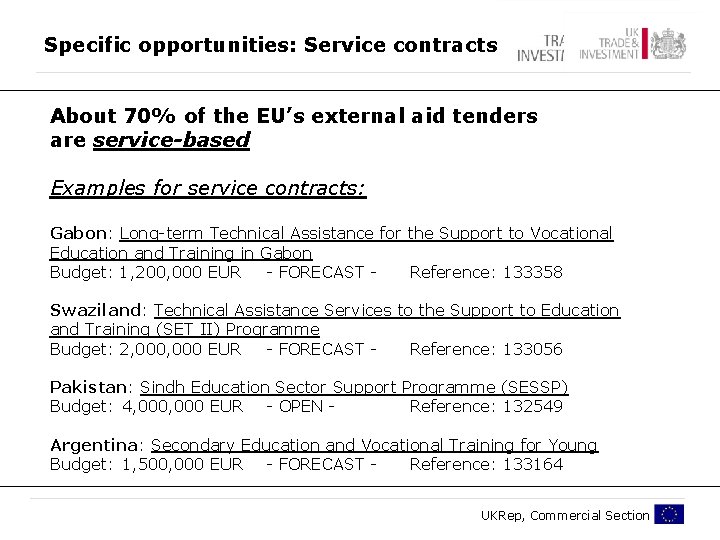 Specific opportunities: Service contracts About 70% of the EU’s external aid tenders are service-based