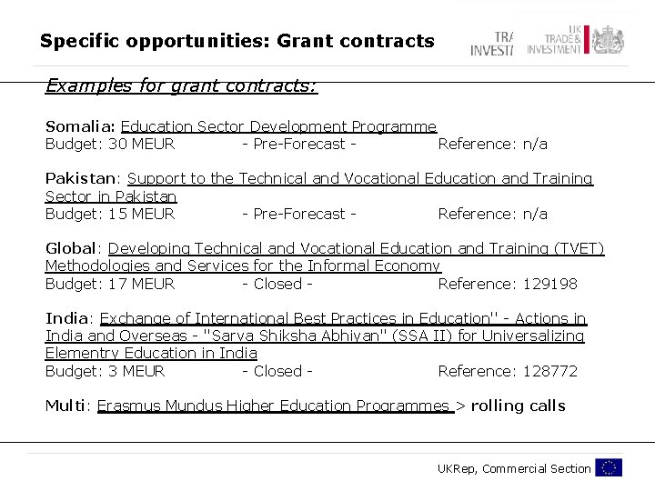 Specific opportunities: Grant contracts Examples for grant contracts: Somalia: Education Sector Development Programme Budget: