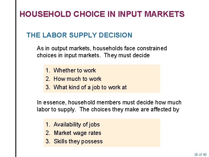 HOUSEHOLD CHOICE IN INPUT MARKETS THE LABOR SUPPLY DECISION As in output markets, households