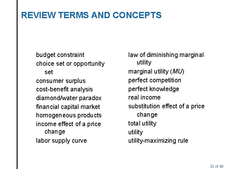 REVIEW TERMS AND CONCEPTS budget constraint choice set or opportunity set consumer surplus cost-benefit