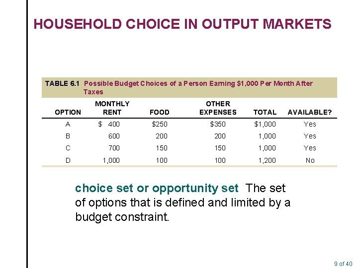 HOUSEHOLD CHOICE IN OUTPUT MARKETS TABLE 6. 1 Possible Budget Choices of a Person