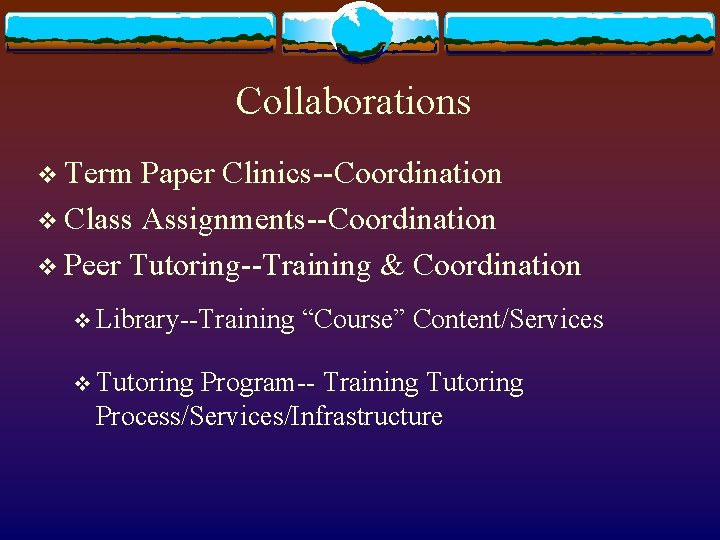 Collaborations v Term Paper Clinics--Coordination v Class Assignments--Coordination v Peer Tutoring--Training & Coordination v