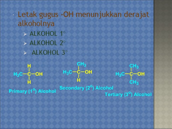  Letak gugus -OH menunjukkan derajat alkoholnya Ø Ø Ø ALKOHOL 1 ALKOHOL 2