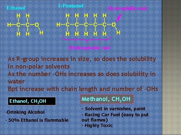 As R-group increases in size, so does the solubility in non-polar solvents As the