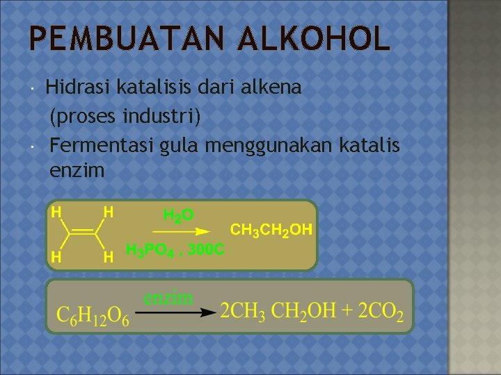 PEMBUATAN ALKOHOL Hidrasi katalisis dari alkena (proses industri) Fermentasi gula menggunakan katalis enzim 