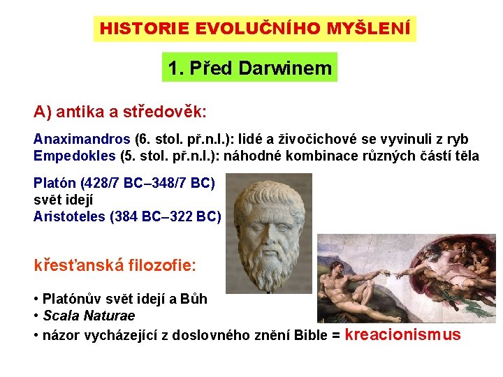 HISTORIE EVOLUČNÍHO MYŠLENÍ 1. Před Darwinem A) antika a středověk: Anaximandros (6. stol. př.