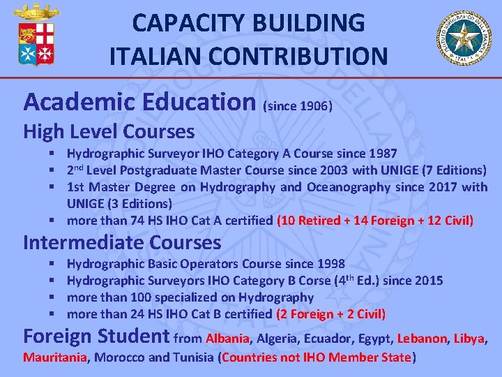 CAPACITY BUILDING ITALIAN CONTRIBUTION Academic Education (since 1906) High Level Courses Hydrographic Surveyor IHO
