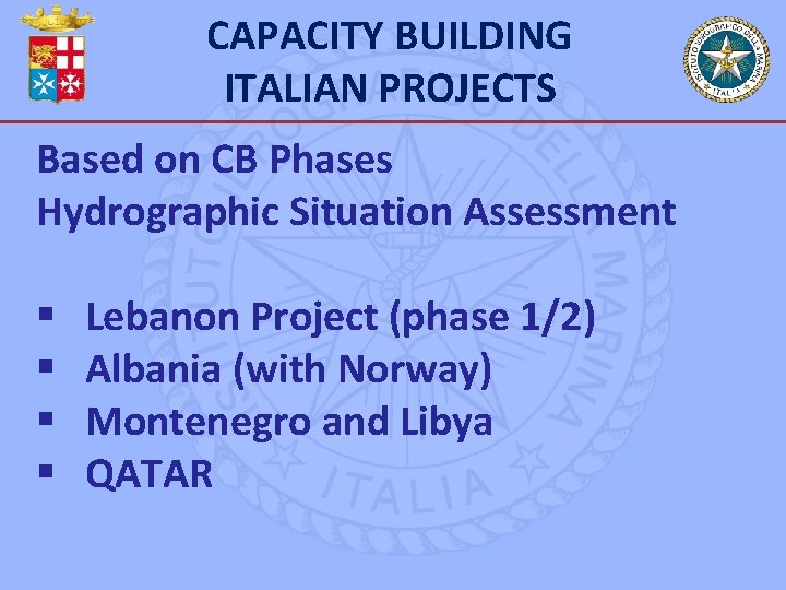 CAPACITY BUILDING ITALIAN PROJECTS Based on CB Phases Hydrographic Situation Assessment Lebanon Project (phase