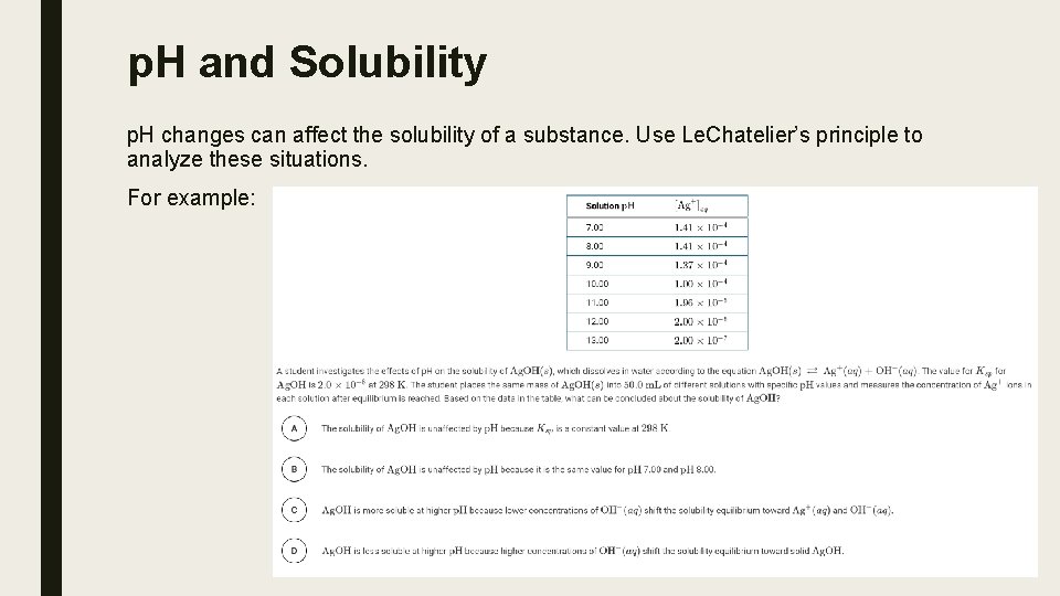 p. H and Solubility p. H changes can affect the solubility of a substance.