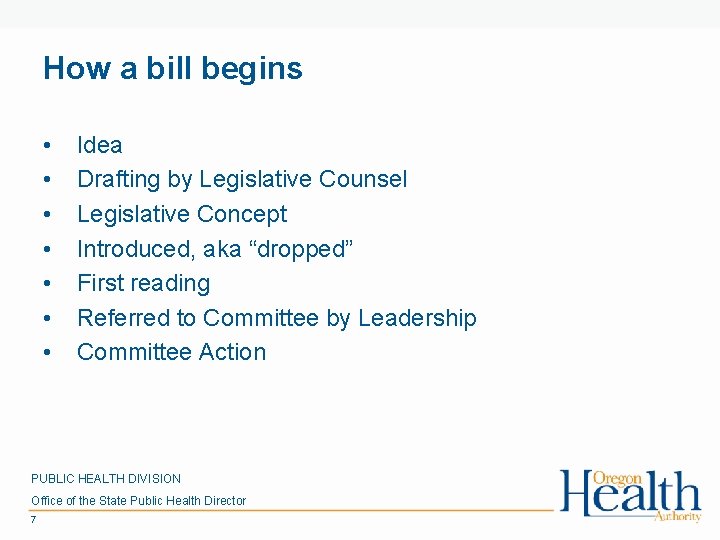How a bill begins • • Idea Drafting by Legislative Counsel Legislative Concept Introduced,
