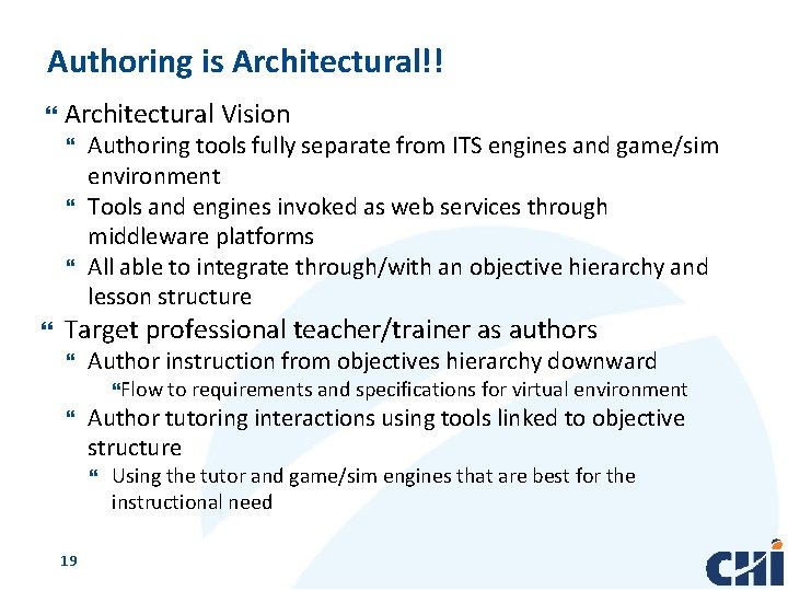 Authoring is Architectural!! Architectural Vision Authoring tools fully separate from ITS engines and game/sim