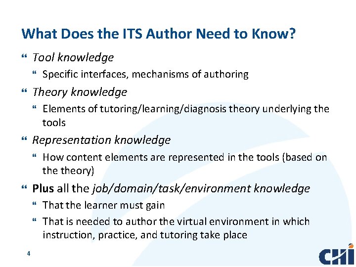 What Does the ITS Author Need to Know? Tool knowledge Specific interfaces, mechanisms of