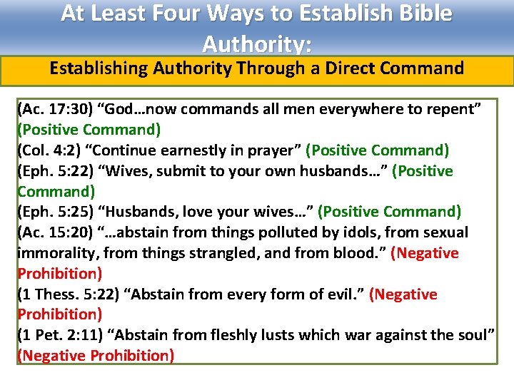 At Least Four Ways to Establish Bible Authority: Establishing Authority Through a Direct Command