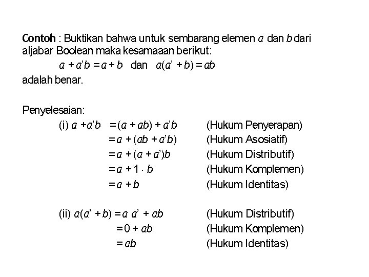 Contoh : Buktikan bahwa untuk sembarang elemen a dan b dari aljabar Boolean maka