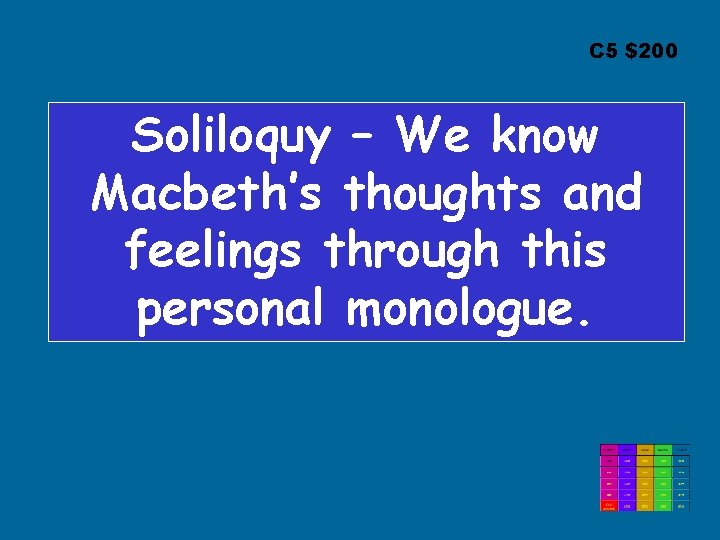 C 5 $200 Soliloquy – We know Macbeth’s thoughts and feelings through this personal
