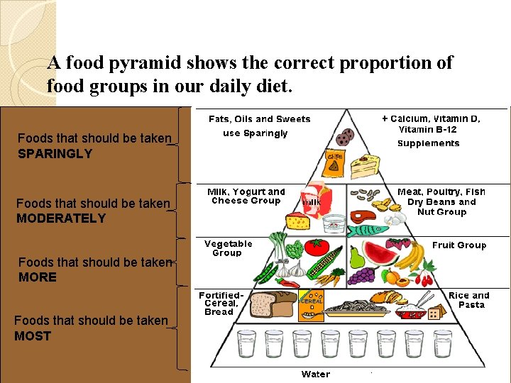 A food pyramid shows the correct proportion of food groups in our daily diet.