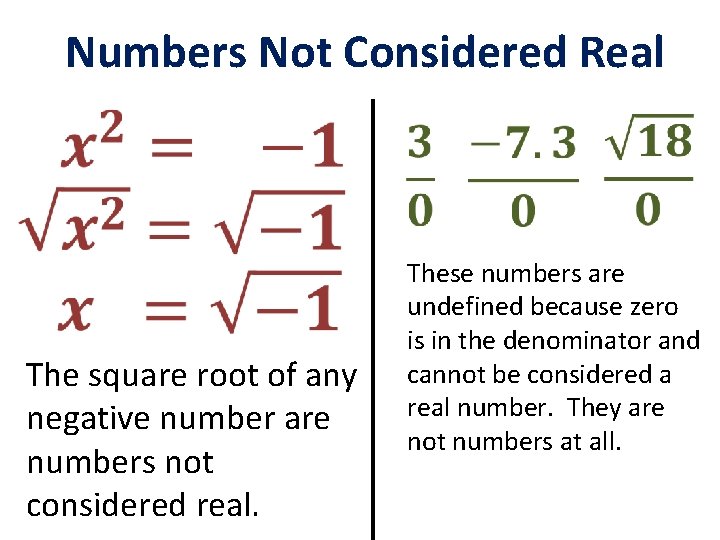 Numbers Not Considered Real The square root of any negative number are numbers not Numbers Not Considered Real The square root of any negative number are numbers not