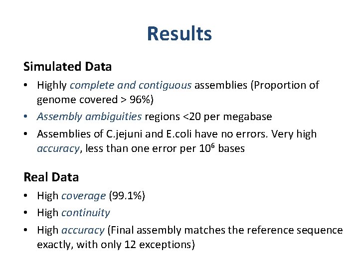 Results Simulated Data • Highly complete and contiguous assemblies (Proportion of genome covered >