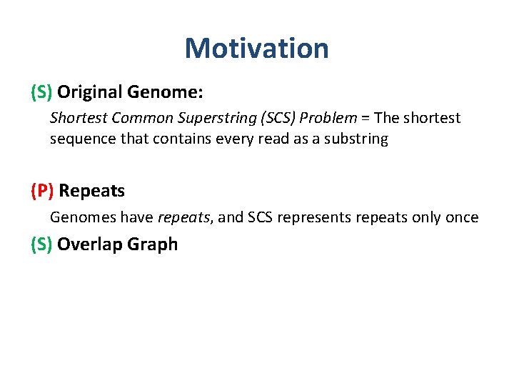 Motivation (S) Original Genome: Shortest Common Superstring (SCS) Problem = The shortest sequence that