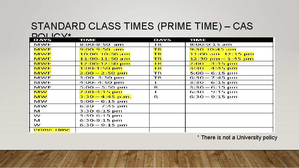 STANDARD CLASS TIMES (PRIME TIME) – CAS POLICY* * There is not a University