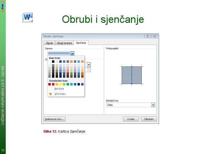 Udžbenik informatike za 6. razred Obrubi i sjenčanje Slika 12. Kartica Sjenčanje. 12 