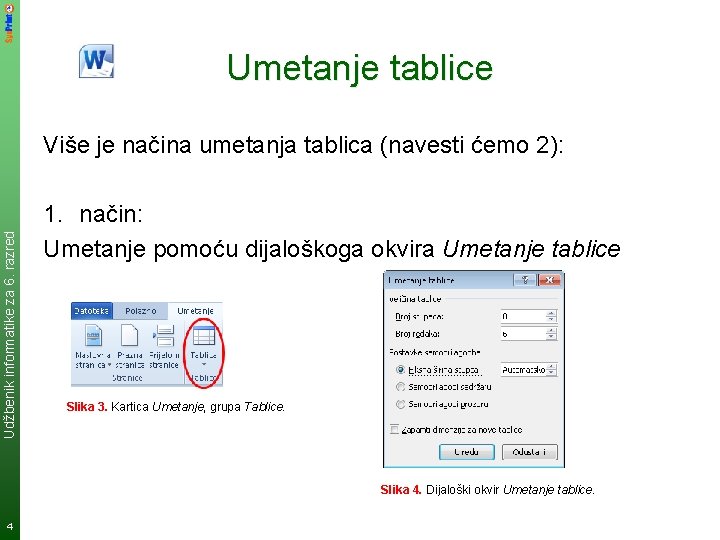 Umetanje tablice Udžbenik informatike za 6. razred Više je načina umetanja tablica (navesti ćemo